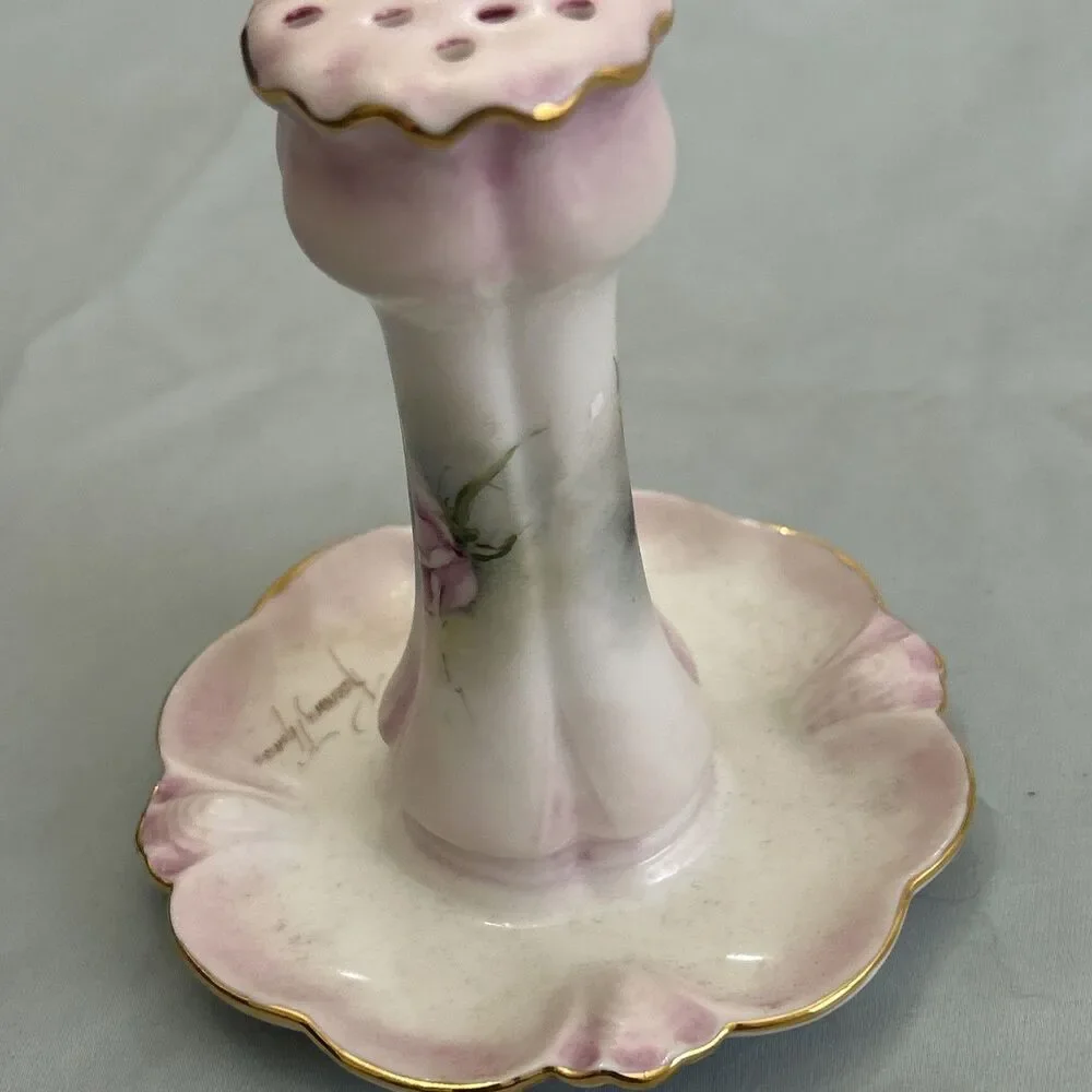 Vintage Victorian Style Hand-Painted Pink Rose Hat Pin Holder Signed
